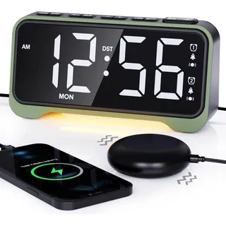 ROCAM Digitaler Wecker Laut für Tiefschläfer, Vibrationswecker für Tiefschläfer, Gehörlose, Schwerhörige, Großen Zahlen mit Wochentag, Doppelalarm, Einstellbare Lautstärke & Dimmer,USB, Nachtlicht,DST