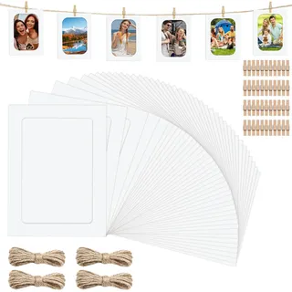 40 Stück Fotogirlande, Papier Bilderrahmen mit Schnur, Fotoleine mit Klammern, 11.5x15.5 cm Weiß Fotogirlande zum Aufhängen von Bildern für Geburtstage Hochzeiten Wanddekoration Party DIY Dekoration
