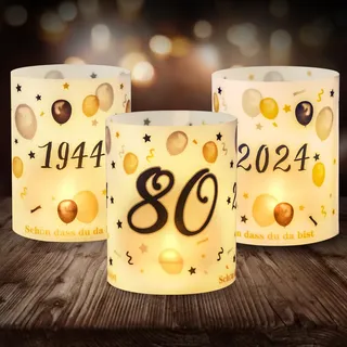 12 Windlicht Tischdeko 80 Geburtstag, Seutgjie 80. Geburtstag Jubiläum Deko Mann Frau 1944-2024 Schwarz Gold für Teelichter oder Kerzen