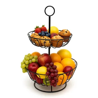 Relaxdays Obstkorb Etagere 2-stöckig, Obstschale für die Küche, moderner Metallkorb für Obst und Gemüse, Metall, schwarz