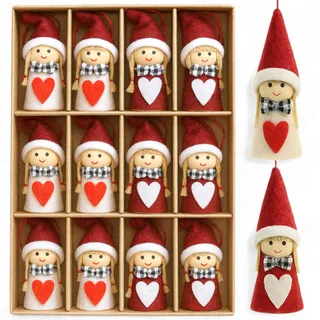 MIJOMA 12er Set Weihnachtswichtel – Handgemachter Baumschmuck aus Holz & Stoff – Deko-Wichtel für Tannenbaum Adventskranz Geschenkanhänger (Wichtelmädchen mit Herz)