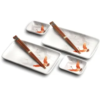 JAPAN Katze & Koi SUSHI TELLER SET | Sushi Geschirr Set | 6-teiliges Sushi-Set für 2 Personen | Sushi-Teller, Schalen und Essstäbchen in verschiedenen Asia-Tier Designs - Made in Japan (Kranich)