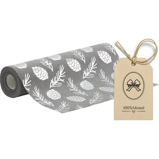 100%Mosel Tischläufer Leinenoptik Grau, Kiefernzapfen in Silber, (28 cm x 5 m), Tischband, edle Tischdeko für Weihnachten & Adventszeit, Festliche Dekoration zu besonderen Anlässen