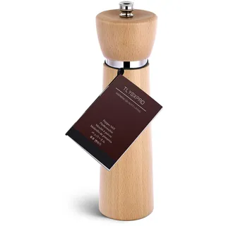 TLYSXPRO Pfeffermühle aus Holz – Nachfüllbare Salzmühle mit einstellbarem Keramikmahlwerk – Manuelle Pfefferstreuer aus Buchenholz – Höhe 21 cm