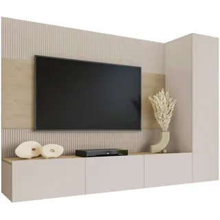 Mirjan24 Wohnwand Deromi Vi , Beige , Holzwerkstoff , 220x150x38 cm , Wohnzimmer, Wohnwände