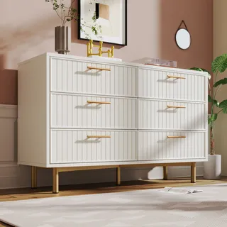 MODFU Kommode Sideboard mit 6 Schubladen, Schrank Nachttisch für Wohnzimmer, Schlafzimmer, Kinderzimmer, Jugendzimmer und Büro, Weiß - Weiß