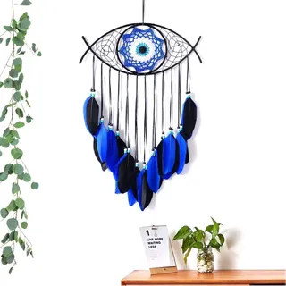 JZK Evil Eye Schwarz Traumfänger Blau Feder Traumfänger mit Perlen für Schlafzimmer Dekoration Wandbehang Ornament Gothic Geschenk Teufel Auge Makramee Traumfänger