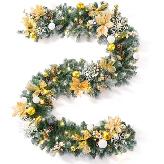 JOIEDOMI Beleuchtete 9 Fuß Lange Weihnachtsgirlande mit 75 LED-Lichtern, batteriebetriebene beleuchtete Girlande mit Timer und Ornamenten, künstliche Weihnachtsdekoration für drinnen und draußen