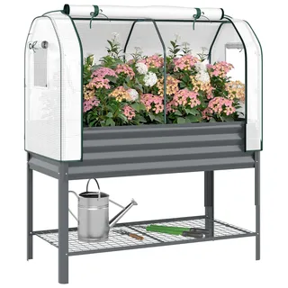 Fr1hbeetaufsatz f1r Hochbeet, 120x55x140 cm, 167L, Dunkelgrau, PE-Abdeckung 140 g/m2, untere Ablage, verzinkter Stahl - Grau