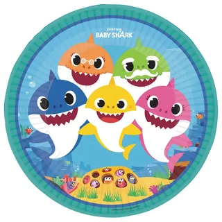 amscan 8 Teller Baby Shark rund Papier 23 cm, Weiß