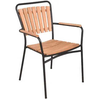 Gardenson Stapelstuhl , Braun, Schwarz , Holz, Metall , Teakholz , Hartholz , Rundrohr , 60x91x63 cm , stapelbar, gastro- und objekttauglich, wetterfest, UV-beständig, abwischbar, geeignet für Balkon , Holzmöbel, Sitzgelegenheiten Holz, Gartensessel Holz