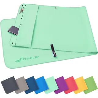 Fit-Flip Fitness Handtuch aus Mikrofaser - mit Magnet und Reißverschluss Tasche - Fitnesshandtuch für Sport und Gym - Kompakt & Schnelltrocknend - Sporthandtuch Fitnessstudio - Türkis - 130x48cm