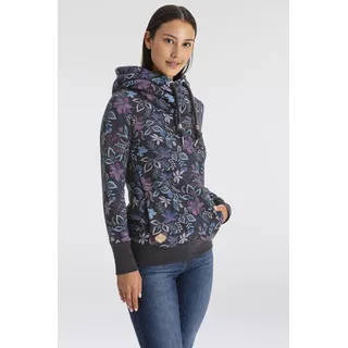 Kapuzensweatshirt RAGWEAR "GRIPY FLOWERS O", Damen, Gr. L, schwarz, Sweatware, Obermaterial: 70% Baumwolle, 30% Polyester, bedruckt, geblümt, gemustert, kontrastfarbene Details, mehrfarbig, figurumspielend hüftbedeckend, asymmetrischer Ausschnitt, Sweatshirts Kapuzensweatshirt, Hoodie mit floralem All Over-Druck