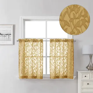 Lecloud Leia Transparente Vorhänge, 2 Stück, Kurze Jacquard-Voile-Scheibengardine mit Blattmuster, mit doppelter Stangentasche, Küche, Landhaus, Schlafzimmer, Wohnzimmer, 102 x 61 cm, Dunkelgold