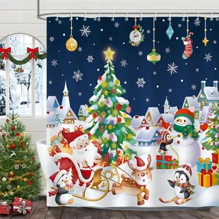 Bonhause Duschvorhang Weihnachten Schneemann Xmas Baum Weihnachtsmann Winterurlaub Duschvorhänge 180 x 180 cm Anti-Schimmel Wasserdicht Polyester Stoff Waschbar Bad Vorhäng für Badzimmer mit 12 Haken