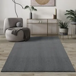 Mia's Teppiche Comfort Moderner Flauschiger Kurzflor Teppich, Anti-Rutsch Unterseite, Waschbar bis 30 Grad, Super Soft, Felloptik, Anthrazit, 120 cm Rund