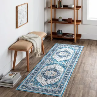 Carvapet Waschbar Läufer Teppich 60x180cm rutschfest Lang Dünner Teppiche Gegend Vintage Medaillon Blau Teppich für Wohnzimmer Schlafzimmer Küche