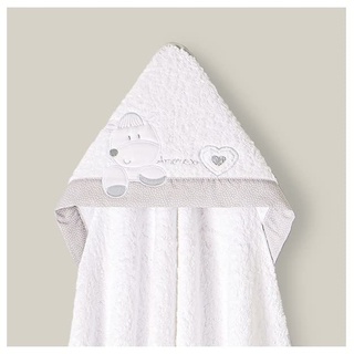 Baby BadePoncho 1x1 m Bademantel Kapuzenbademantel CORAZÓN AMOROSO in Weiß und Grau, für Neugeborene · 100% Baumwolle