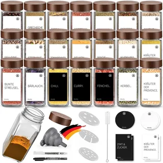 Miorkly Gewürzgläser Eckig Set 24er,Gewürzstreuer Glas mit Holzdeckel 120ml,Küchenzubehör zur Gewürze Aufbewahrung,Gewürzdosen,Gewürzbehälter mit Gewürzetiketten,Trichter-Spice Jars