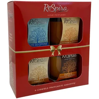 Box mit 4 Duftkerzen, verschiedene Aromen, in einem kleinen Glas mit 140 g, 35 Stunden, hergestellt in Italien (Granatapfel, Zimt, Jasmin, Kürbis und Lebkuchen, Vanille, Beeren)