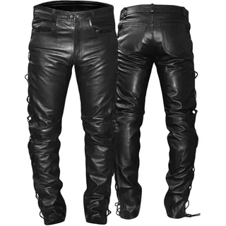 German Wear Lederhose lederjeans bikerjeans Büffelleder seitlich geschnürt Schwarz, Größe:50