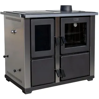 Kaminofen mit Backfach und Herdplatte Teba TKS 18 Rechts Mehrfachbelegung Holzofen 10 kW Kamin Ofen Holz Holzherd Küchenhexe Kochplatte Küchenofen - Silber, Schwarz