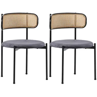 Urban Meuble Esszimmerstuhl 2er-Set Samt, Rattan-Rückenlehne, Metallbeine, Modern, Ergonomisch, Grau , Naturmaterialen, Textil, Metall , 51x75x55 cm , Esszimmer, Stühle