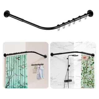 Duschvorhangstange L-Form, [60-134 cm] × [60-134 cm] Verstellbare Duschstange für die Ecke, Duschvorhanghalterung mit 12 Ringen und Deckenstütze für Badewanne/Badezimmer, Bohr-Montage erforderlich, Schwarz