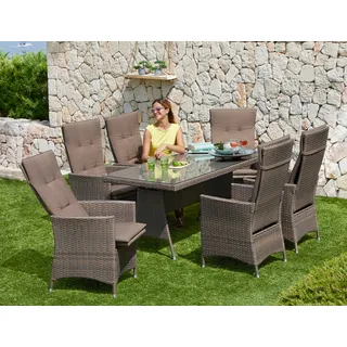 MERXX Garten-Essgruppe »Valencia, TOPSELLER!«, (6x verstellbare Relaxsessel, 1x Tisch 150x80 cm, inkl. Auflagen), Aluminium, Polyrattan, geeignet für 6 Personen, grau