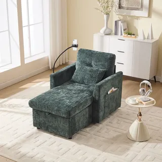 Abrihome Relaxsessel Schlafsessel mit Klappbarer Rückenlehne und Handyhalterung, Chenille Faulenzersofa mit Stauraum – Grün - Grün