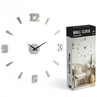 MIJOMA DIY Wanduhr mit Zahlenstickern – Moderne Wanduhr – Leise, Batteriebetrieben, Große 3D Ziffern – Minimalistische Uhr zum Kleben für Wohnzimmer & Büro (Metall Silber)