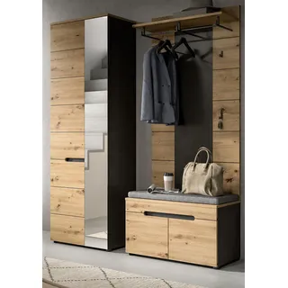 Garderobe Set 3-teilig "Cooper" in Artisan Eiche und grau 160 cm, Soft-Close und inklusive Sitzkissen - Grau