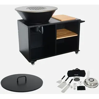 sweeek - Grill-Feuerschale Ø 80 cm, Servierwagen mit Stauraum, Deckel und Zubehör - Schwarz