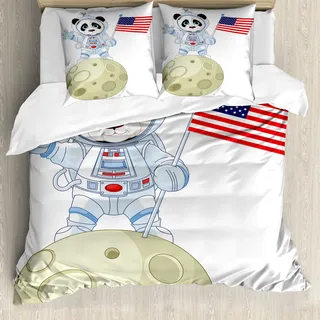 ABAKUHAUS Panda Bettbezug, Astronaut auf Mond-Karikatur, Milbensicher Allergiker geeignet mit Kissenbezügen, 200 cm x 200 cm - 80 x 80 cm, Red Navy White - Rot, Blau, Weiß