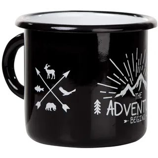 MUGSY Emaille Tasse, The Adventure Begins, 330 ml, Camping Tasse, Camping Ausrüstung, Retro Design, schwarz