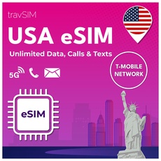 travSIM USA eSIM | T-Mobile Netz | Unbegrenzte Daten, Anrufe & Texte in den USA | e SIM Amerika funktioniert auf eSIM kompatiblen iOS & Android Geräten | e SIM Karte USA 5 Tage