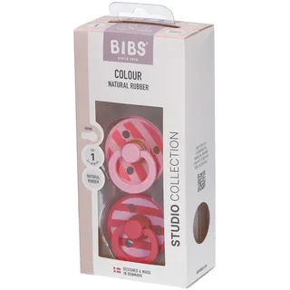 Bibs Colour Studio Schnuller, 0-6 Monate, 2er-Pack, Block Baby Pink Coral | Runder Sauger | Naturkautschuklatex | Größe 1 | BPA-frei | Hergestellt in Dänemark | Hohe Akzeptanz | Luftlöcher