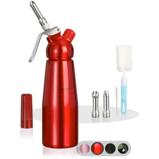 Amazy Sahnespender inkl. 3 Edelstahl Tüllen + 2 Reinigungsbürsten – Profi Sahnesyphon aus Aluminium für die Zubereitung von Schlagsahne, Creme, Mousse, Espuma & Co. (Rot | 500 ml)