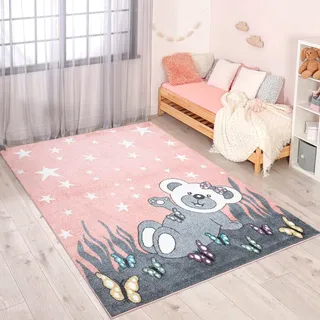 Carpet City Kinderteppich »ANIME916«, rechteckig, 11 mm Höhe, Kinderzimmer Teppich Modern mit Mond, Blumen, Wolken, Creme, Multi, rosa