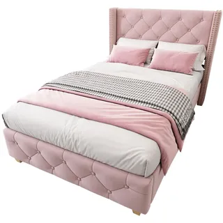 Flieks Polsterbett 90x200cm Rosa Samt Mit Knopfpolsterung , Pink , Textil , 90x200 cm , Schlafzimmer, Betten, Polsterbetten