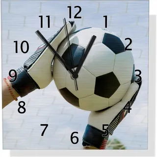 Wallario Design Wanduhr Fußball - Torwart im Tor vor blauem Himmel aus Aluverbund, Größe 30 x 30 cm - Blau