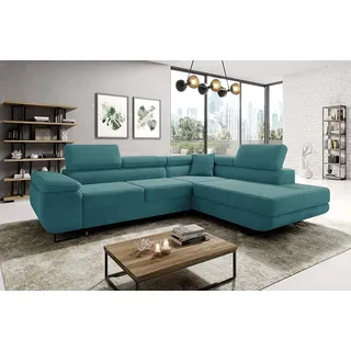 Easy4You Ecksofa Türkis AVATAR Kord L-Form – 277x73x203 cm - Schlafsofa mit Bettkasten und Schlaffunktion - Eckcouch mit Stauraum – Links – Stoff Kord POSO 26 - Türkis