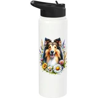 Collie Dog Sommer Wildblumen Gänseblümchen Kunstwerk Stainless Steel Insulated Water Bottle