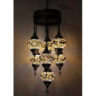 7-globige Hängelampe aus braunem Mosaikglas - Türkische Hängelampe mit 7 Mosaikglaskugeln - Orientalische Deckenleuchte - Gelb
