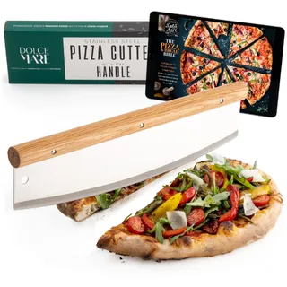 DOLCE MARE Pizzaschneider - Vielseitig einsetzbares Wiegemesser mit edlem Griff aus Eichenholz - Pizzamesser mit extra scharfer Edelstahlklinge - Inklusive Klingenschutz & Anleitung