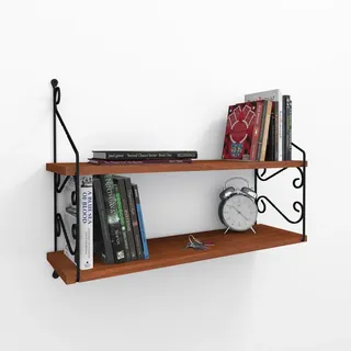 Elegant Wall Shelf, Walnut Finish, 72 x 51 x 20 cm | 100% Melamine Coated Particle Board, Metal Bracket | Assembled, Traditional Oriental Design, Perfect for Home & School