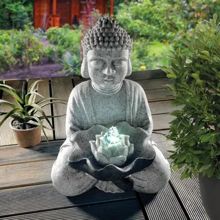 esotec Solarbrunnen Buddha mit Akku und LED Licht Wasserspiel wetterfest 101327 - Grau