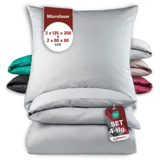 BaSaTex Mikrofaser Bettwäsche im Prägedruck 4 teilig 2X 135x200 + 2X 80x80 | mit Reißverschluss | Allergiker geeignet und ÖkoTex Zertifiziert | Artdeco Silber