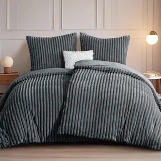 RUIKASI Winter Flanell Bettwäsche 135 x 200 4teilig Grau - Plüsch Warme Flauschig Winterbettwäsche Cord Teddy Fleece Cashmere-Touch Bettbezug mit Reißverschluss und 2 Kissenbezug 80x80cm