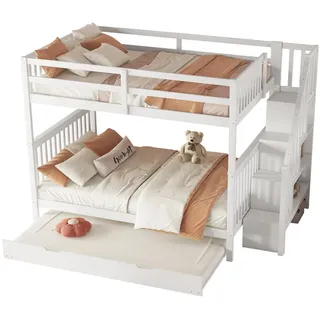 Redom Etagenbett 140/200 cm aus Kiefern mit Treppenregal, ausziehbarem Rollbett und hohem Geländer, Weiß , Holzwerkstoff , 140x200 cm , Babymöbel & Kindermöbel, Kinderzimmer & Jugendzimmer, Stockbetten